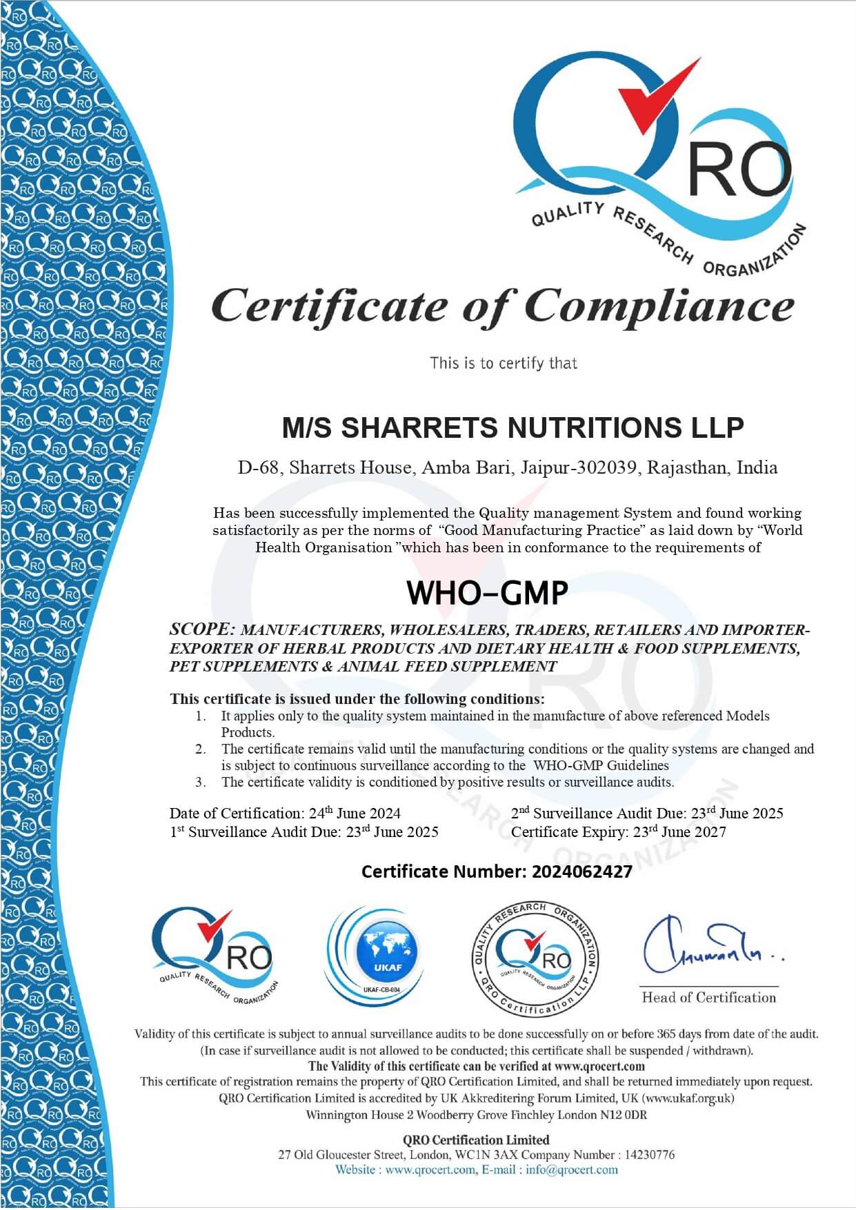 WHO GMP Certificate- Sharrets Nutritions