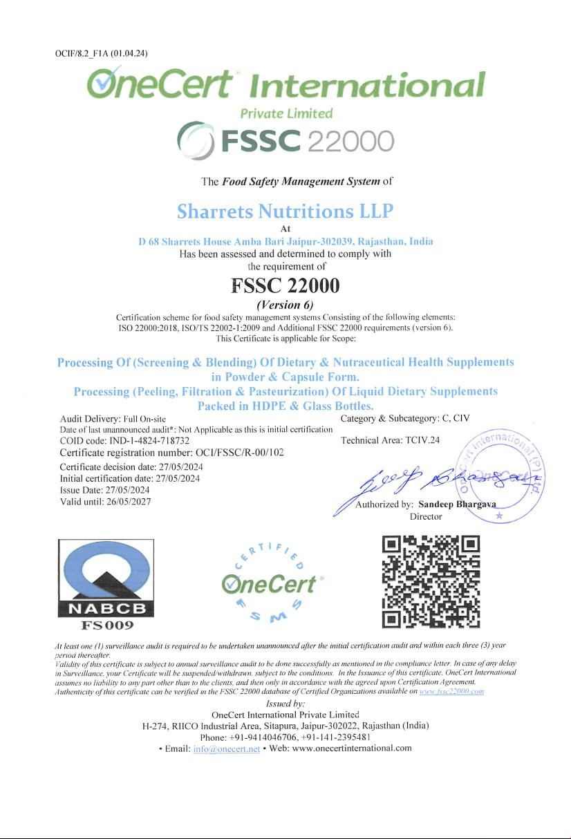 FSSC 22000 Certificate- Sharrets Nutritions 